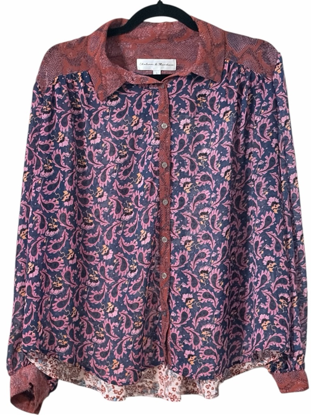 Chelsea & Theodore Boho Mixed Print Blouse‎ Size L Floral Patchwork Button Front